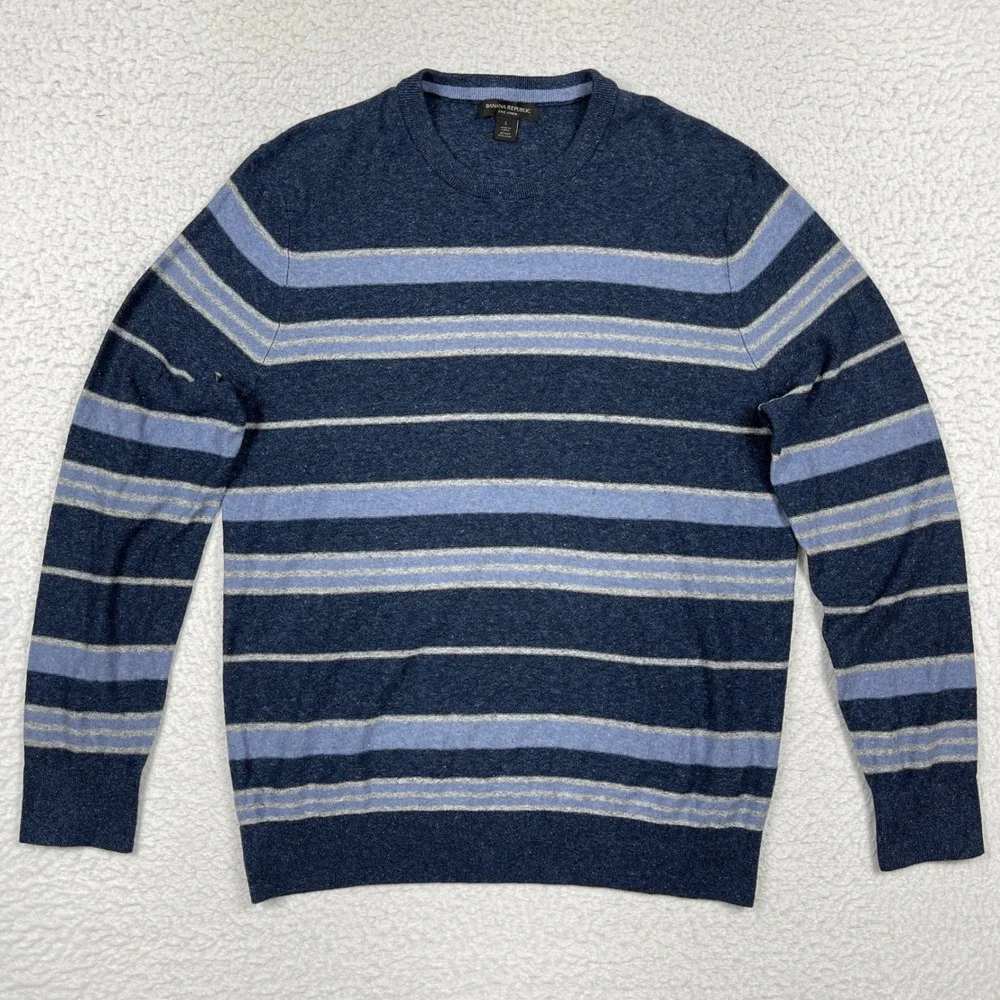 Banana Republic Sweater Mens L Blue Silk Linen Striped Crewneck Preppy Coastal